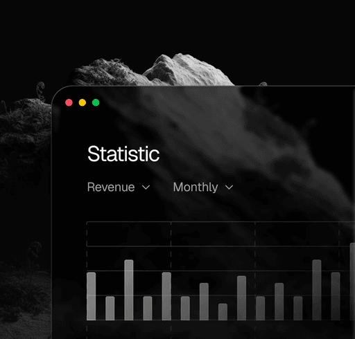 Analytics dashboard interface over a black and white mountain scene.